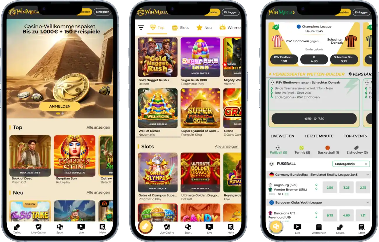 WinMega Casino mobile Version mit Slots, Sportwetten und Willkommensbonus